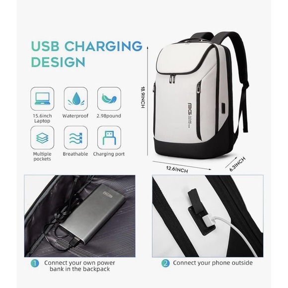 Bange FUTURE AESTHETICS Business Smart Backpack Waterproof TSA Approved White - Picture 3 of 12